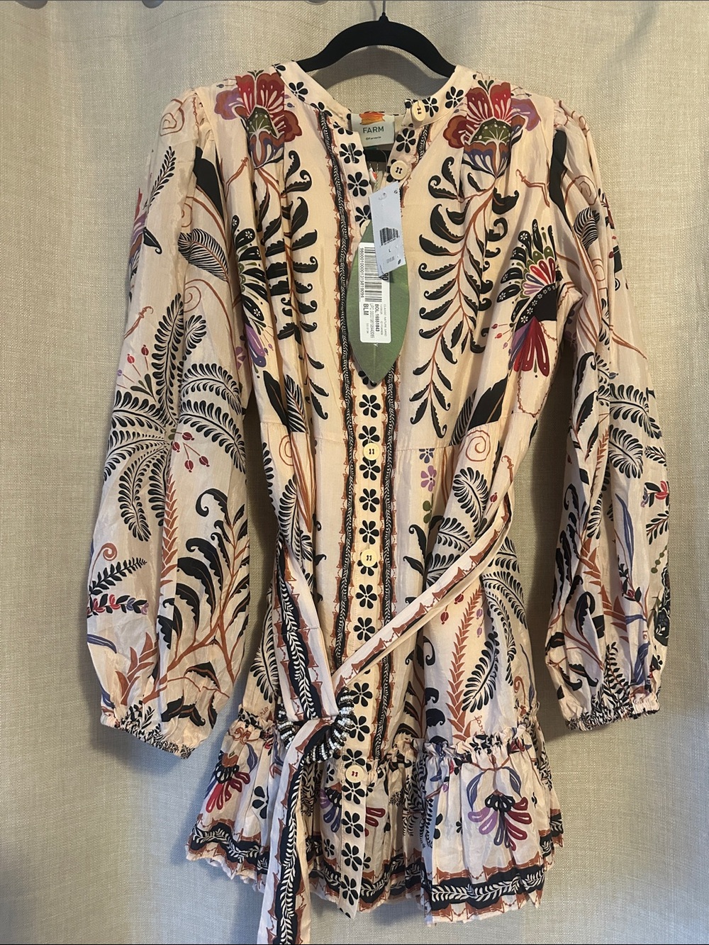 FARM Rio Classic Nature Sand Botanical Print Dress with Beaded Belt Sz L NWT - Picture 7 of 9